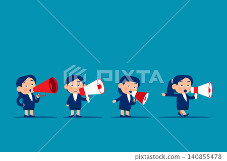 Set cute little business. Businesswoman with megaphones Set cute little business. Businesswoman with megaphones 140855478
