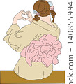 An illustration of a woman in a yukata making a heart shape from behind. 140855994