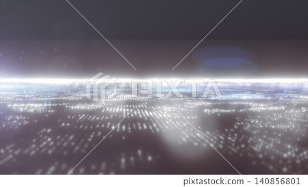 Bright white and blue digital particle horizon with glowing grid lights, misty atmosphere, and futuristic abstract technology background. 140856801