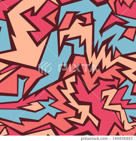 Seamless geometric graffiti style abstract pattern background. A dynamic endless repeating urban camouflage texture in 90s style. Seamless geometric graffiti style abstract pattern background. A dynamic endless repeating urban camouflage texture in 90s style. 140856883