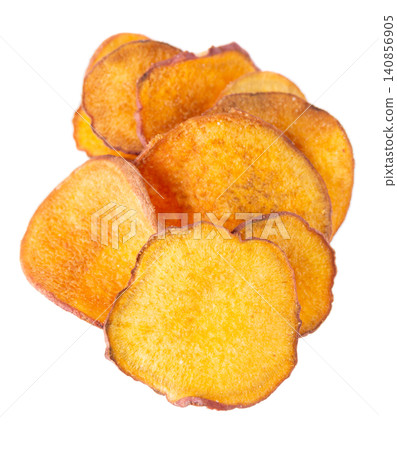Crispy roasted sweet potato chips with sea salt, isolated on white background. Healthy and crunchy natural vegetable snack. Clipping path. Crispy roasted sweet potato chips with sea salt, isolated on white background. Healthy and crunchy natural vegetable snack. Clipping path. 140856905
