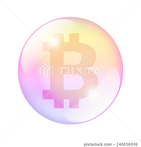 Bitcoin bubble, visual metaphor representing an economic or financial bubble. Large bitcoin sign sits inside the center of a translucent, spherical bubble with soft pastel gradients. Isolated vector Bitcoin bubble, visual metaphor representing an economic or financial bubble. Large bitcoin sign sits inside the center of a translucent, spherical bubble with soft pastel gradients. Isolated vector 140856936