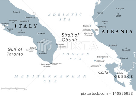 Strait of Otranto, gray political map. Waterway connecting Adriatic Sea with Ionian Sea, separating Italy from Albania, with a width of 72 km (45 mi) from City Otranto to Karaburun Peninsula. Vector 140856938
