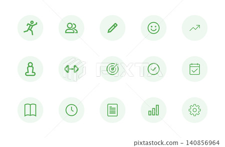 15 Green Wellness and Productivity Line Icons Set. Minimal Lifestyle Collection 15 Green Wellness and Productivity Line Icons Set. Minimal Lifestyle Collection 140856964