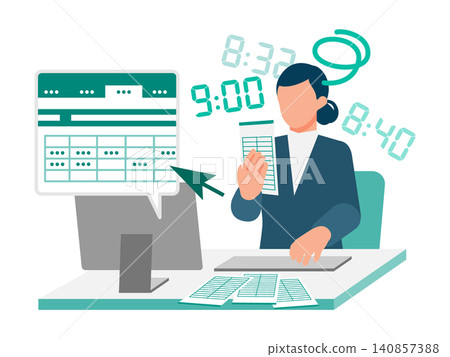 一幅插圖,描繪了一名女員工努力將考勤卡資料輸入 Excel 的情景,說明了考勤追蹤的模擬過程。 一幅插圖,描繪了一名女員工努力將考勤卡資料輸入 Excel 的情景,說明了考勤追蹤的模擬過程。 140857388