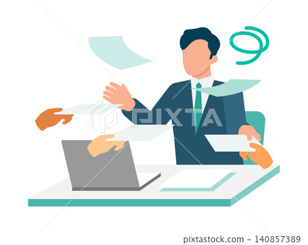 A male boss is overwhelmed by a large volume of application forms; the approval and decision-making processes are stalled in this analog office work illustration. A male boss is overwhelmed by a large volume of application forms; the approval and decision-making processes are stalled in this analog office work illustration. 140857389