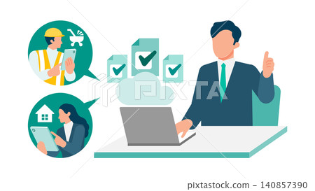 An illustration of a workflow DX system showing a supervisor approving a leave request online and an employee submitting the request via smartphone. An illustration of a workflow DX system showing a supervisor approving a leave request online and an employee submitting the request via smartphone. 140857390