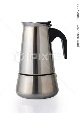 Stainless Steel Moka Pot Espresso Maker with Plastic Handle Isolated on White Background Stainless Steel Moka Pot Espresso Maker with Plastic Handle Isolated on White Background 140857455