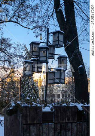 Decorative Street Lamp Post with Multiple Vintage Lanterns in Riga Old Town, Latvia Decorative Street Lamp Post with Multiple Vintage Lanterns in Riga Old Town, Latvia 140857504