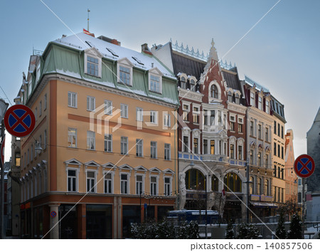 Historic Buildings on Street Detman House with Brown Facade and Blue Bird Boutique Hostel, Riga Old Town, Latvia Historic Buildings on Street Detman House with Brown Facade and Blue Bird Boutique Hostel, Riga Old Town, Latvia 140857506