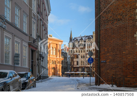 Riga Old Town Historic Architecture in Winter Snow, Latvia 140857508