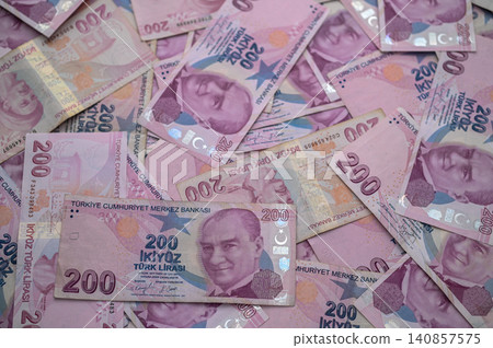 Colorful Turkish banknotes arranged creative display showcasing local currency Colorful Turkish banknotes arranged creative display showcasing local currency 140857575