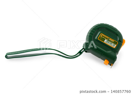 Green Measuring Tape Rolled Out on White Background Green Measuring Tape Rolled Out on White Background 140857760