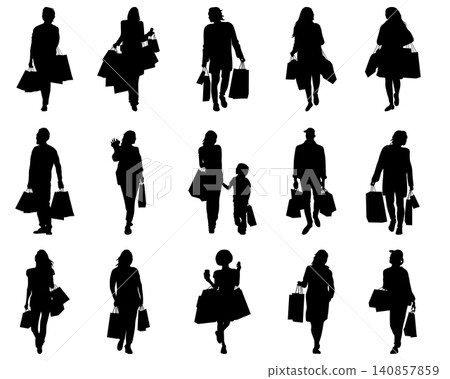 Black silhouettes of people shopping with bags Black silhouettes of people shopping with bags 140857859