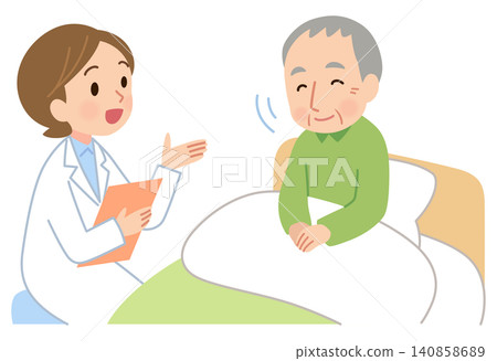 醫生正在和一位坐在床上的老人交談；上門護士。 140858689