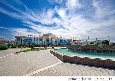 Exterior view of Urgench train station in Uzbekistan and a blue sky. Exterior view of Urgench train station in Uzbekistan and a blue sky. 140859013