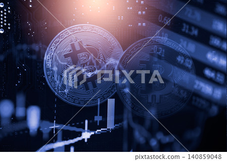 Modern way of exchange. Bitcoin is convenient payment in global economy market. Virtual digital currency and financial investment trade concept. Abstract cryptocurrency with gold bitcoin background. Modern way of exchange. Bitcoin is convenient payment in global economy market. Virtual digital currency and financial investment trade concept. Abstract cryptocurrency with gold bitcoin background. 140859048