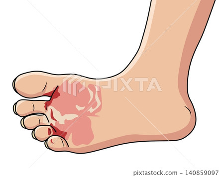 Human foot with highlighted inflammation around the toes. Medical vector illustration showing pain, swelling, injury, infection, arthritis, gout, podiatry, and healthcare concepts 140859097