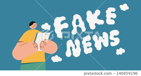 Flat design illustration of a person reading a tablet next to bold bubbly fake news text on teal background, representing fake news awareness and media literacy. Perfect for education and social conte Flat design illustration of a person reading a tablet next to bold bubbly fake news text on teal background, representing fake news awareness and media literacy. Perfect for education and social conte 140859196