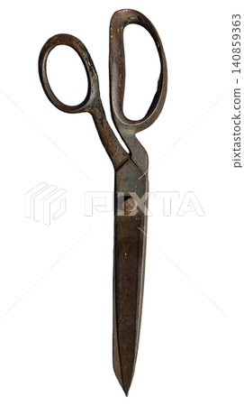 A large pair of tailor scissors rests on a plain white background. The scissors are rusty and show clear signs of past use. Each detail of the tool hints at its long history in sewing and crafting. A large pair of tailor scissors rests on a plain white background. The scissors are rusty and show clear signs of past use. Each detail of the tool hints at its long history in sewing and crafting. 140859363
