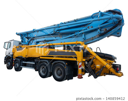 This heavy duty concrete pump truck features a bright yellow chassis and a blue boom arm folded in place. It is isolated on a white background, suitable for industrial applications. This heavy duty concrete pump truck features a bright yellow chassis and a blue boom arm folded in place. It is isolated on a white background, suitable for industrial applications. 140859412
