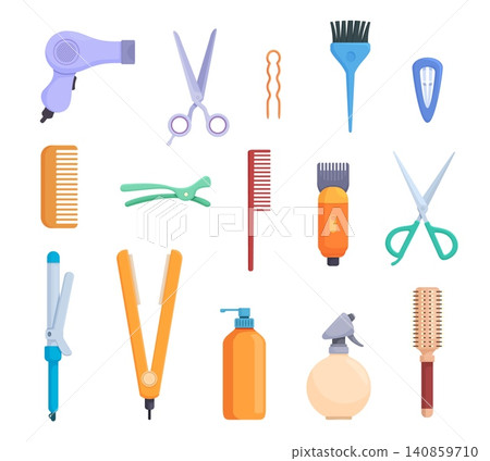 Cartoon hairdressing tools. Hair beauty salon equipment for hairstyle and cutting. Professional scissors, hair dry, curly iron, pins and hair clipper, sapid vector set Cartoon hairdressing tools. Hair beauty salon equipment for hairstyle and cutting. Professional scissors, hair dry, curly iron, pins and hair clipper, sapid vector set 140859710