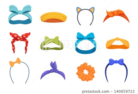 Beautiful headbands. Colorful cartoon headband, fabric hair clips and elastic. Trendy fashion girls women accessories for different hairstyle, sapid vector set Beautiful headbands. Colorful cartoon headband, fabric hair clips and elastic. Trendy fashion girls women accessories for different hairstyle, sapid vector set 140859722
