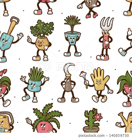 Pot plant characters seamless pattern. Groovy green plants, cactus, flowers, bushes and garden tools. Gardening print for fabric, wallpaper, neoteric vector background Pot plant characters seamless pattern. Groovy green plants, cactus, flowers, bushes and garden tools. Gardening print for fabric, wallpaper, neoteric vector background 140859730