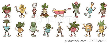 Funny garden tools characters. Shovel, watering can, glove. Isolated groovy plants in pots, green leaves, palm tree, flower and cactus, neoteric vector clipart Funny garden tools characters. Shovel, watering can, glove. Isolated groovy plants in pots, green leaves, palm tree, flower and cactus, neoteric vector clipart 140859736