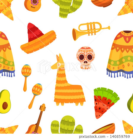 Mexican style seamless pattern. Mexico festival symbols, poncho, sombrero, pinatas, cactus. Colorful carnival print for fabric, vector background Mexican style seamless pattern. Mexico festival symbols, poncho, sombrero, pinatas, cactus. Colorful carnival print for fabric, vector background 140859769
