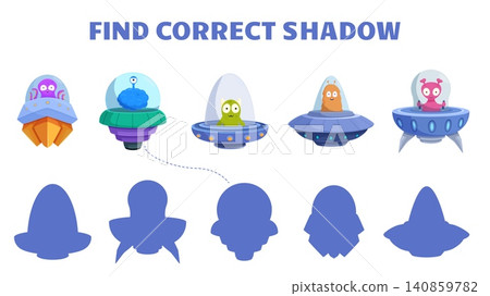 Find correct shadow. Educational children game for for developing attention. Funny cartoon aliens in different spaceships, ufo people, vector template Find correct shadow. Educational children game for for developing attention. Funny cartoon aliens in different spaceships, ufo people, vector template 140859782