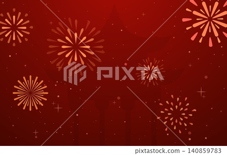 Asian festival banner template. Chinese holiday poster with temple silhouette and fireworks. Oriental traditional background, vector design 140859783