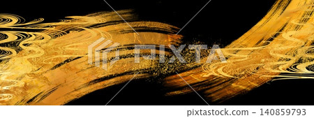 Gold leaf, gold powder, gold dust texture, gold brushstrokes and black background illustration Gold leaf, gold powder, gold dust texture, gold brushstrokes and black background illustration 140859793