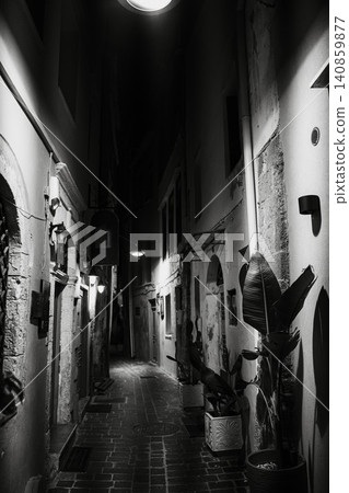 Black and White Narrow Alley at Night Black and White Narrow Alley at Night 140859877