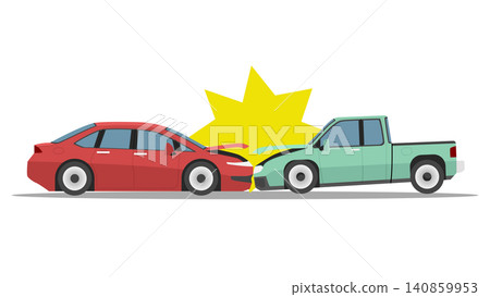 Flat vector illustration depicting a head-on car crash collision. A red sedan and a green pickup truck smash together. Car hood is open. With a yellow explosion flash isolated on a white background. Flat vector illustration depicting a head-on car crash collision. A red sedan and a green pickup truck smash together. Car hood is open. With a yellow explosion flash isolated on a white background. 140859953