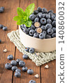 Fresh blueberries and green mint in a bowl on a wooden table make a vibrant, healthy display for food lovers 140860032