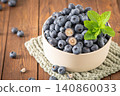 Fresh blueberries in a ceramic bowl with mint leaves on a wooden table, featuring vibrant fruit textures 140860033