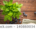 Fresh green mint leaves and ripe blueberries arranged on a rustic wooden tabletop for a natural kitchen feel 140860034