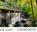 Scenic waterfall flowing under a metal bridge in Pigeiros Portugal featuring vibrant green forest trees and tranquil river water 140860036