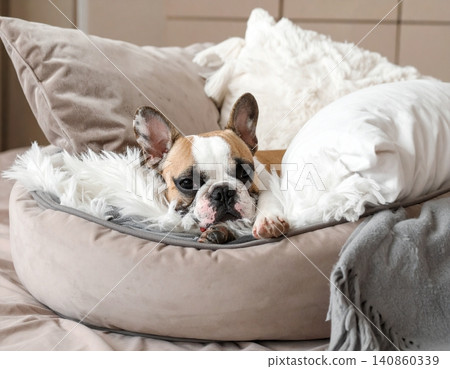 a small tiny french bulldog snuggled up in big bed a small tiny french bulldog snuggled up in big bed 140860339