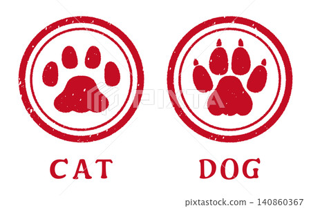 A simple and cute cat and dog paw print stamp illustration set with faded red ink. A simple and cute cat and dog paw print stamp illustration set with faded red ink. 140860367