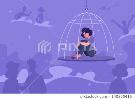Mental Health. Vector background with symbolic cages and isolated people expressing depression loneliness and emotional struggle exact concept illustration Mental Health. Vector background with symbolic cages and isolated people expressing depression loneliness and emotional struggle exact concept illustration 140860416
