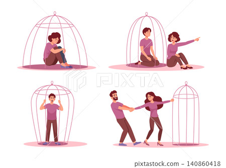 Mental Isolation. Vector people trapped inside bird cages showing loneliness stress emotional barriers and social isolation concept exact illustration set Mental Isolation. Vector people trapped inside bird cages showing loneliness stress emotional barriers and social isolation concept exact illustration set 140860418