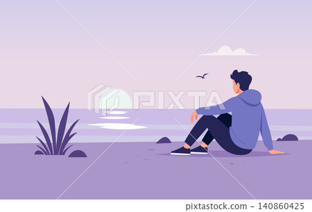Solitude reflection. Vector illustration shows a lonely person sitting by the shore watching the sunset over a calm sea Solitude reflection. Vector illustration shows a lonely person sitting by the shore watching the sunset over a calm sea 140860425