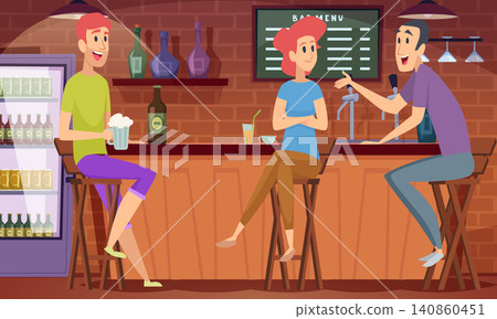 Bar conversation. Vector illustration shows friends talking and drinking together in a cozy pub with warm interior details Bar conversation. Vector illustration shows friends talking and drinking together in a cozy pub with warm interior details 140860451