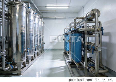 Industrial water filtration system with stainless steel tanks and blue filter housings Industrial water filtration system with stainless steel tanks and blue filter housings 140860569