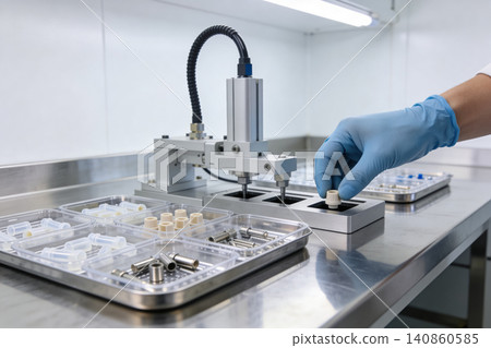 Scientist in blue gloves uses automated machine for precise component assembly Scientist in blue gloves uses automated machine for precise component assembly 140860585