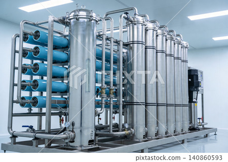 Industrial water purification system with stainless steel tanks and blue membrane filters Industrial water purification system with stainless steel tanks and blue membrane filters 140860593