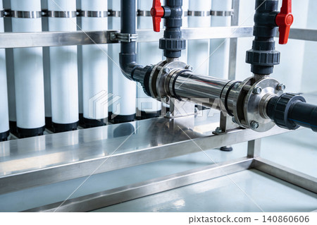 Industrial water filtration system with laboratory beaker and stainless steel components Industrial water filtration system with laboratory beaker and stainless steel components 140860606