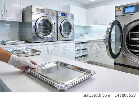 Sterilization equipment in a clean room with medical instruments ready for processing Sterilization equipment in a clean room with medical instruments ready for processing 140860628